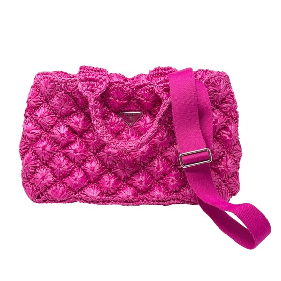 PRADA Vintage Triangle Logo Canapa Tote Bag Handbag Pink Raffia [106407] - Picture 14 of 16